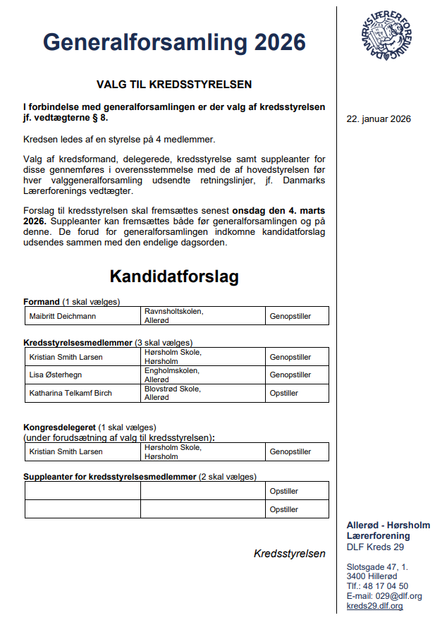 Kandidatliste Kredsstyrelsen 22. Januar 2026